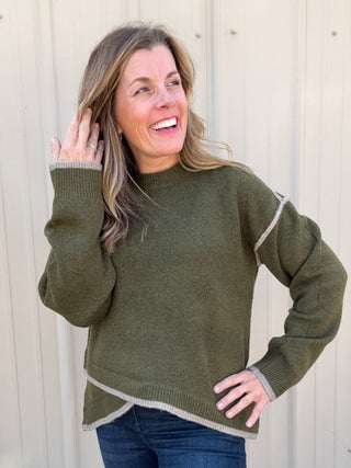 Crewneck Sweater with Tulip Hem - Olive