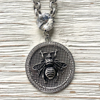 French bee statement coin necklace : Burnished silver