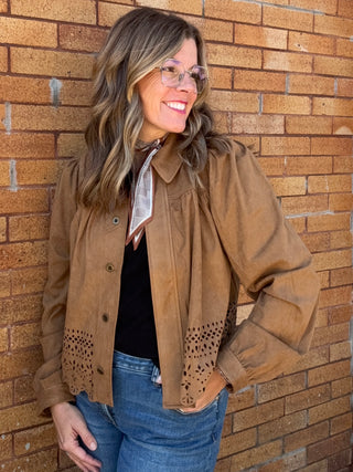 Puff Sleeve Jacket W/ Laser Cut Hem - Caramel