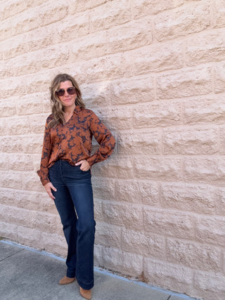 Long Sleeve Button Front Woven Blouse - Black/Copper Floral by Liverpool