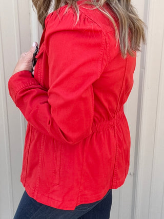 Puff Sleeve Trucker Jacket W Ruffle Collar - Sundance Red