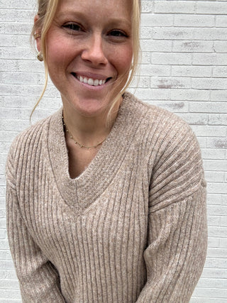 Rib Knit V-neck Sweater in Oatmeal by Dex