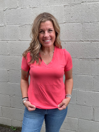 Short Sleeve V-neck Top by Liverpool Coral