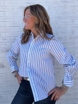 Adjustable Sleeve Button Front Woven Top - Navy Strip by Liverpool
