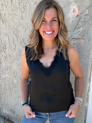 V-neck Woven Tank W/ Lace Trim - Black