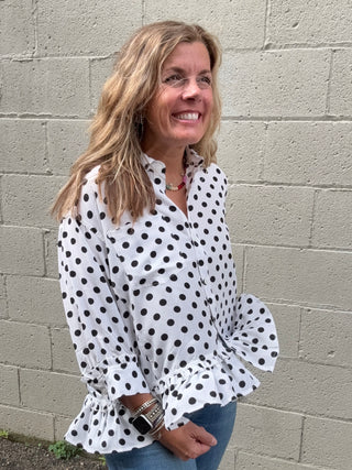 Polka Dot Button Front Top White & Black