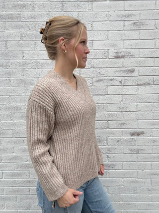 Rib Knit V-neck Sweater in Oatmeal by Dex