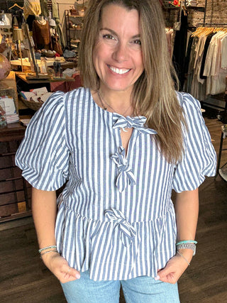 1/3 Open Tie Front Striped Puff Sleeve Blouse Top