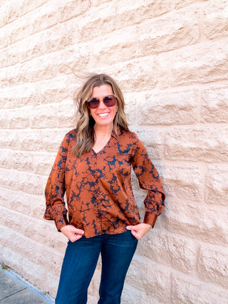Long Sleeve Button Front Woven Blouse - Black/Copper Floral by Liverpool