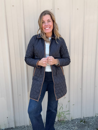 Zip Front Quilted Jacket W/ Cinched Waist - Black by Liverpool
