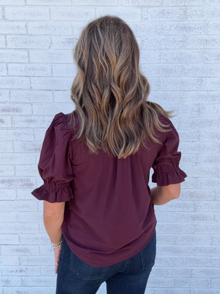 Elbow Puff Sleeve Snap Front Knit Shirt Dark Oxblood by Liverpool