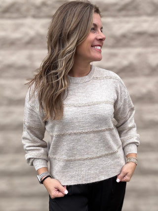 Light Oat Striped Sparkle Sweater