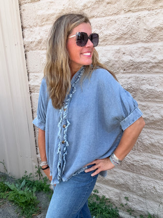 Frayed Trim Denim Button Top