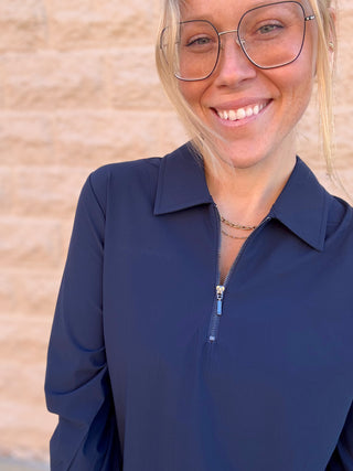 Collared Zip Front Knit Shirt by Liverpool Navy