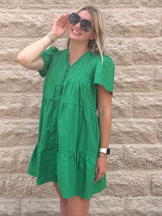 Green Pleated Detail Ruffle Dress