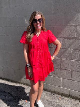 Red Pleated Detail Ruffle Dress