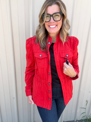 Puff Sleeve Trucker Jacket W Ruffle Collar - Sundance Red