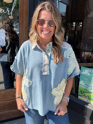 Boho Flower Patchwork Top Blue