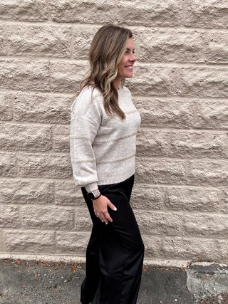 Light Oat Striped Sparkle Sweater