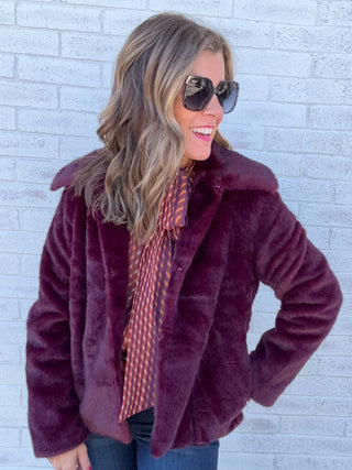 Collared Faux Fur Jacket Dark Oxblood by Liverpool