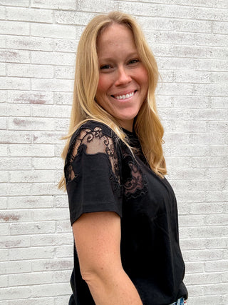 Black Tee with Lace Trim by Dex