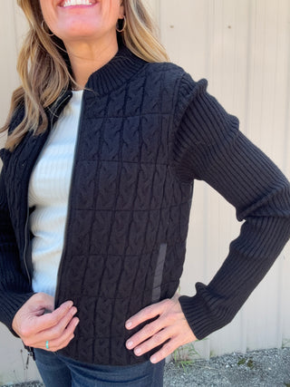 Long Slv Zip Front Quilted Sweater Jacket - Black