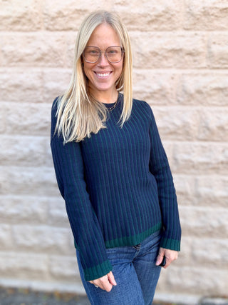 Ribbed Crewneck Sweater Navy & Emerald by Liverpool