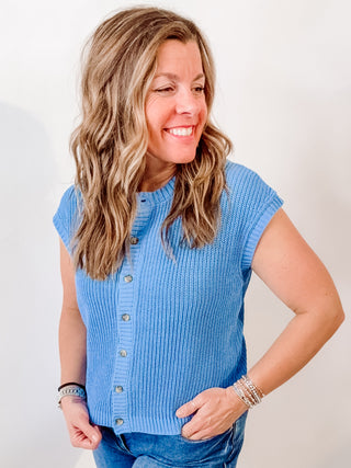 Sleeve Button Down Sweater Bright Blue