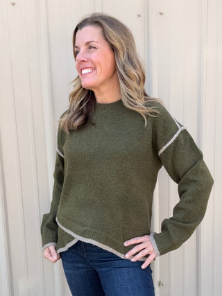 Crewneck Sweater with Tulip Hem - Olive
