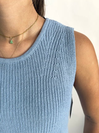 Sleeveless Sweater to Woven Dress in Blue by Liverpool