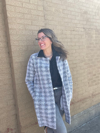 Coatigan Sweater Gray & White Plaid