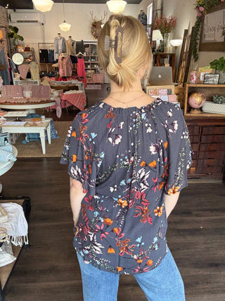 Floral Printed Top with Ruffled V Neck Detail