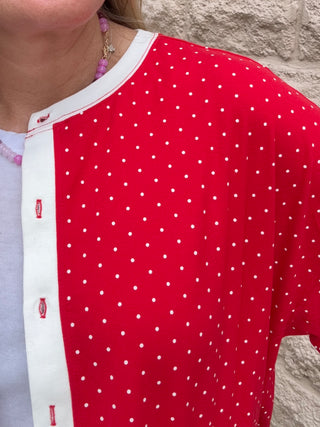 Relaxed Fit Polka Dot Button Front Top Red