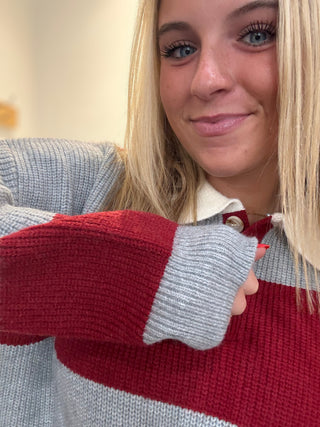 Buttoned Striped Collared Long Sleeve Top