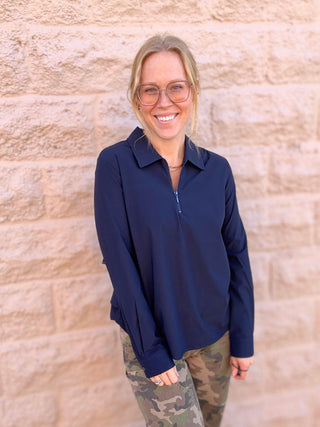 Collared Zip Front Knit Shirt by Liverpool Navy