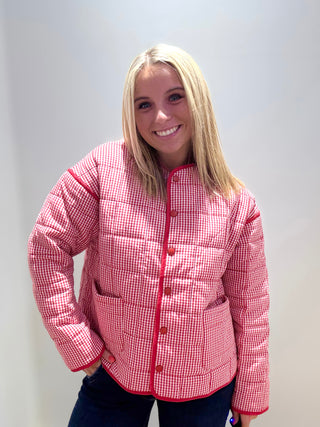 Buttoned Quilted Puffer Jacket Red