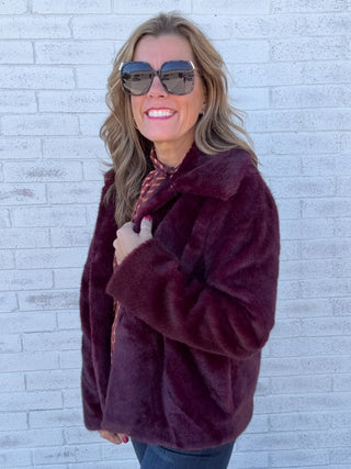 Collared Faux Fur Jacket Dark Oxblood by Liverpool