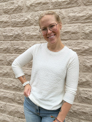 3/4 Slv Crew Neck Knit Top W/ Rib Trim - Frch Vanilla