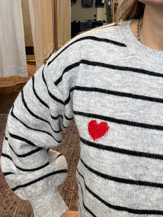 Grey striped sweater with red heart detail