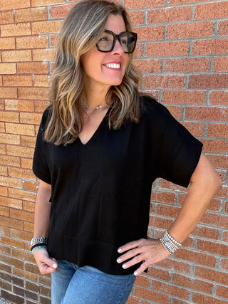 Short Sleeve Vneck Dolman Popover Swtr W Step Hem - Black