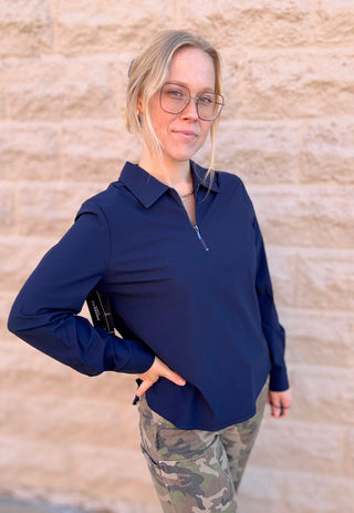 Collared Zip Front Knit Shirt by Liverpool Navy