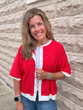 Relaxed Fit Polka Dot Button Front Top Red