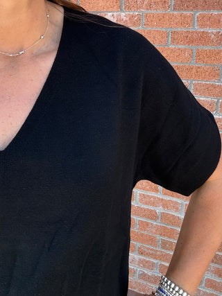 Short Sleeve Vneck Dolman Popover Swtr W Step Hem - Black