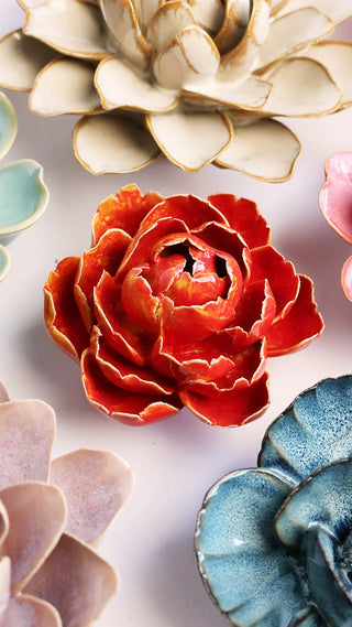 Orange Yellow Gay Paree Peony Ceramic Flower