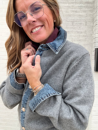 Denim Trim Sweater Shirt - Lt Grey/Denim by Dex