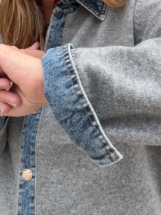 Denim Trim Sweater Shirt - Lt Grey/Denim by Dex