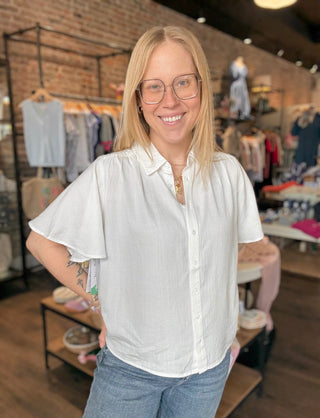 Button Front Shirred Woven Blouse White