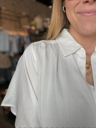 Button Front Shirred Woven Blouse White