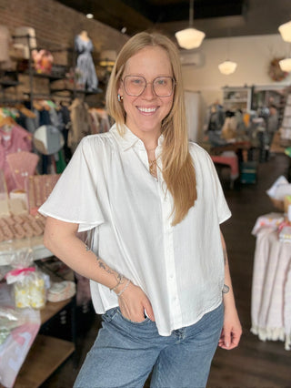 Button Front Shirred Woven Blouse White