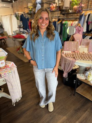 Button Front Shirred Woven Blouse Chambray